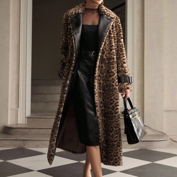 Khaki Casual Women's Leopard Print Faux Fur Patchwork Trench Coat - Picture 6 of 9